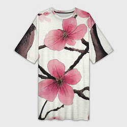Женская длинная футболка Цветы и ветви японской сакуры - текстура холста
