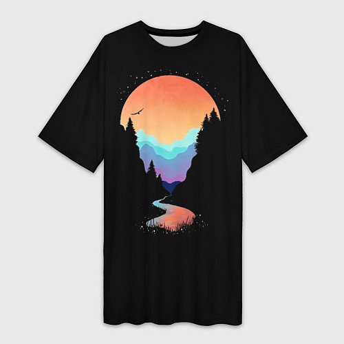 Женская длинная футболка Неоновое солнце SynthWave / 3D-принт – фото 1