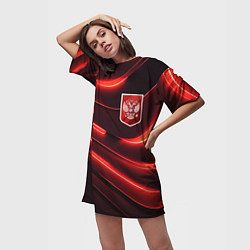 Футболка женская длинная Красный неоновый герб России, цвет: 3D-принт — фото 2
