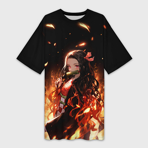 Женская длинная футболка Незуко и пламя - клинок / 3D-принт – фото 1