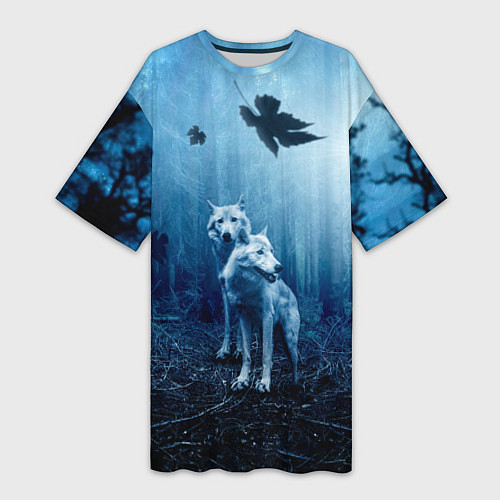 Женская длинная футболка Волки в ночном лесу / 3D-принт – фото 1