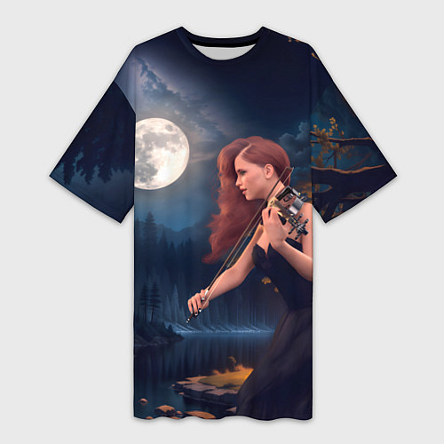 Женская длинная футболка Девушка играет на скрипке в ночном парке / 3D-принт – фото 1