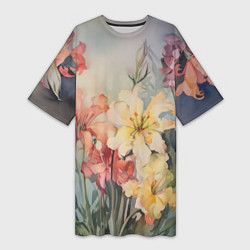 Женская длинная футболка Акварельные лилии