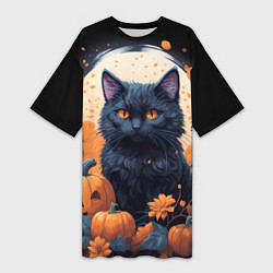 Женская длинная футболка Котик и тыквы - хеллоуин