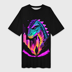 Женская длинная футболка Динозавр в мегаполисе - неоновое свечение