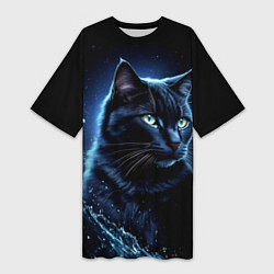 Женская длинная футболка Черный кот - брызги воды