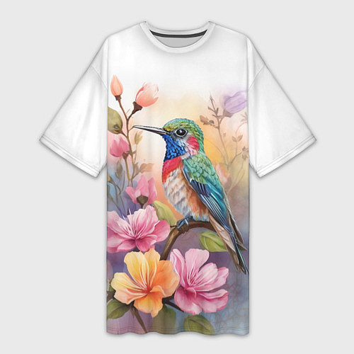 Женская длинная футболка Колибри и цветы - акварель / 3D-принт – фото 1
