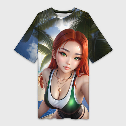 Женская длинная футболка Девушка с рыжими волосами на пляже / 3D-принт – фото 1