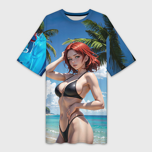 Женская длинная футболка Девушка с рыжими волосами на пляже / 3D-принт – фото 1