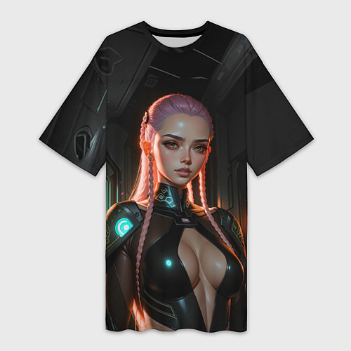Женская длинная футболка Красивая девушка киберпанк / 3D-принт – фото 1