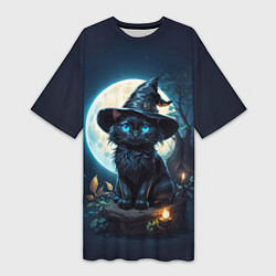 Женская длинная футболка Кот ведьмы - Хэллоуин