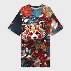 Женская длинная футболка Красная панда в цветах