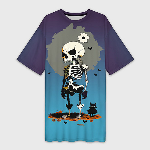 Женская длинная футболка Funny skeleton - neural network - halloween / 3D-принт – фото 1