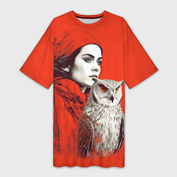 Женская длинная футболка Леди в красном с совой