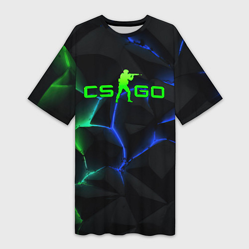 Женская длинная футболка CS GO green blue neon / 3D-принт – фото 1