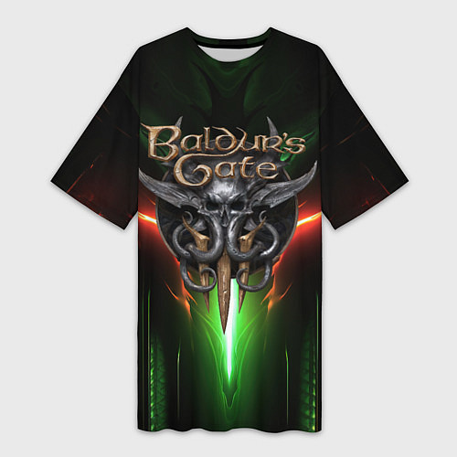 Женская длинная футболка Baldurs Gate 3 logo green red light / 3D-принт – фото 1