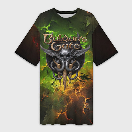Женская длинная футболка Baldurs Gate 3 logo dark green fire / 3D-принт – фото 1