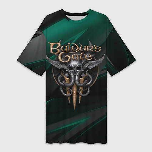 Женская длинная футболка Baldurs Gate 3 logo green geometry / 3D-принт – фото 1