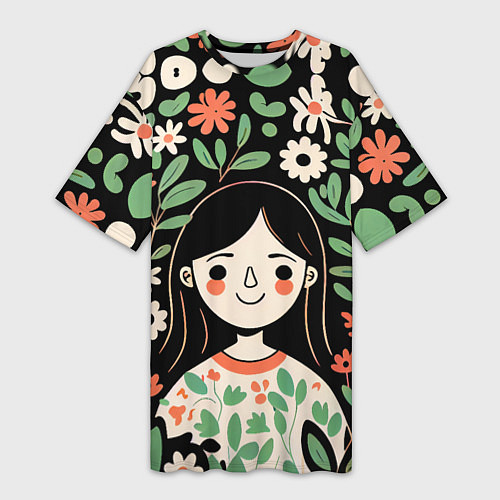 Женская длинная футболка Девочка в цветах - Бохо / 3D-принт – фото 1