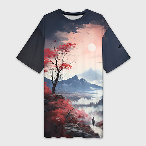 Женская длинная футболка Луна над горами / 3D-принт – фото 1