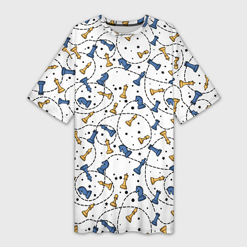 Женская длинная футболка Синие и желтые шахматные фигуры на белом фоне / 3D-принт – фото 1