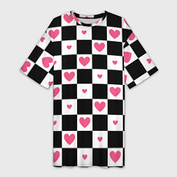 Женская длинная футболка Розовые сердечки на фоне шахматной черно-белой дос