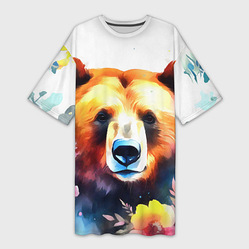 Женская длинная футболка Морда медведя гризли с цветами акварелью / 3D-принт – фото 1