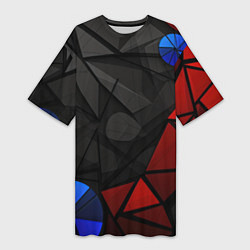 Футболка женская длинная Black blue red elements, цвет: 3D-принт