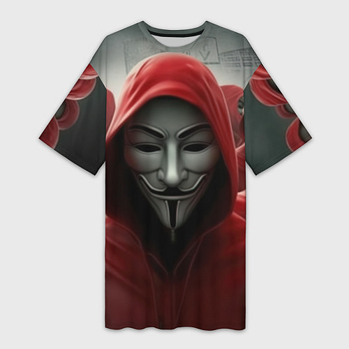 Женская длинная футболка Анонимусы в красных капюшонах / 3D-принт – фото 1