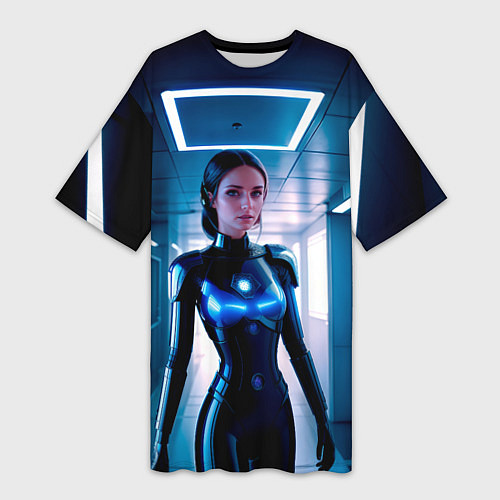 Женская длинная футболка Девушка биоробот на космической станции / 3D-принт – фото 1