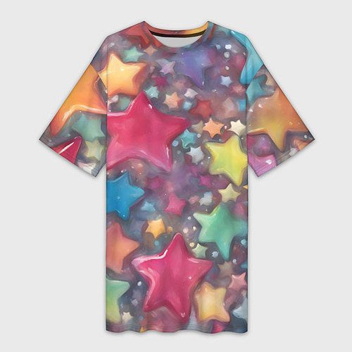 Женская длинная футболка Разноцветные новогодние звёзды / 3D-принт – фото 1