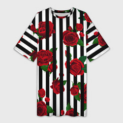 Футболка женская длинная Полосы и красные розы, цвет: 3D-принт