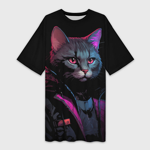 Женская длинная футболка Кот в стиле киберпанк / 3D-принт – фото 1