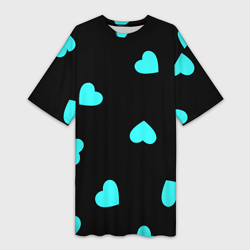 Женская длинная футболка С голубыми сердечками на черном / 3D-принт – фото 1