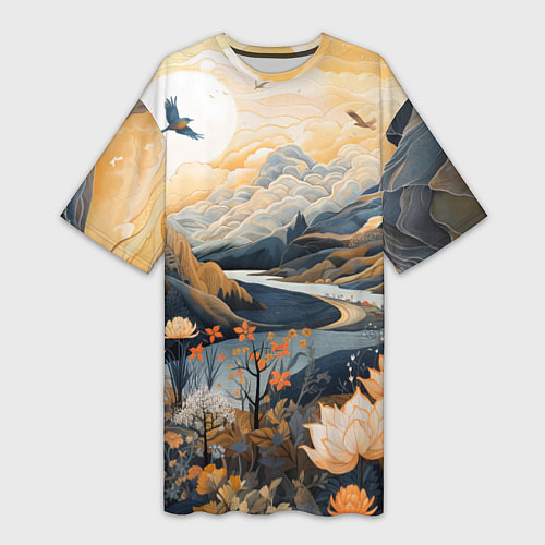 Женская длинная футболка Солнечное утро в цветущих горах / 3D-принт – фото 1