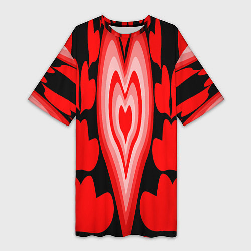 Женская длинная футболка Сердечки с красными узорами / 3D-принт – фото 1