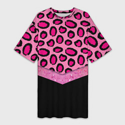 Женская длинная футболка Розовый леопард и блестки принт