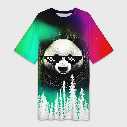 Женская длинная футболка Панда в очках на фоне северного сияния и леса / 3D-принт – фото 1