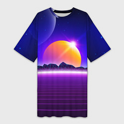 Женская длинная футболка Mountains - sun - space - vaporwave