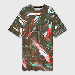 Футболка женская длинная Космические кибер схемы Красные, цвет: 3D-принт