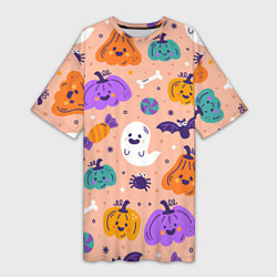 Футболка женская длинная Halloween - pumpkins and ghosts, цвет: 3D-принт