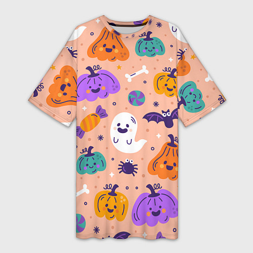 Женская длинная футболка Halloween - pumpkins and ghosts / 3D-принт – фото 1