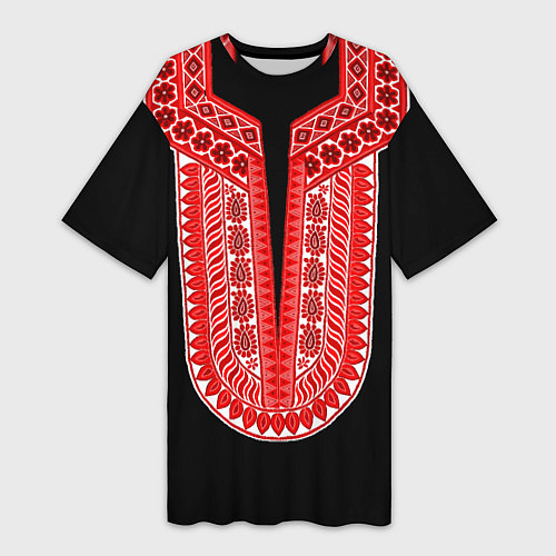Женская длинная футболка Красный орнамент в руском стиле / 3D-принт – фото 1