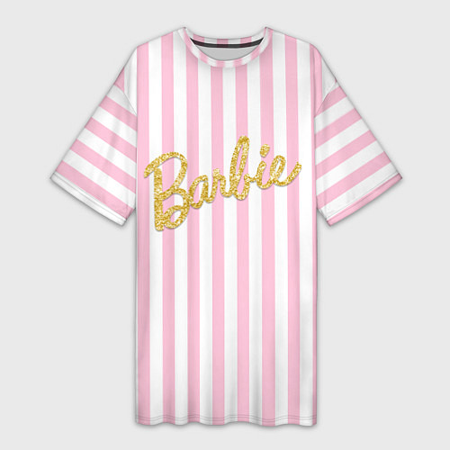 Женская длинная футболка Barbie - золотая надпись и бело-розовые полосы / 3D-принт – фото 1