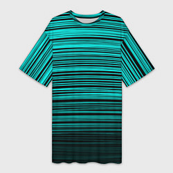 Женская длинная футболка Яркие неоновые бирюзовые полосы на черном
