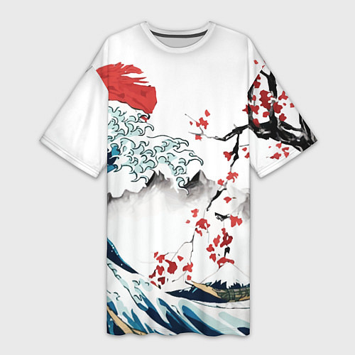 Женская длинная футболка Хокусай большая волна в Канагаве - пародия укиё / 3D-принт – фото 1