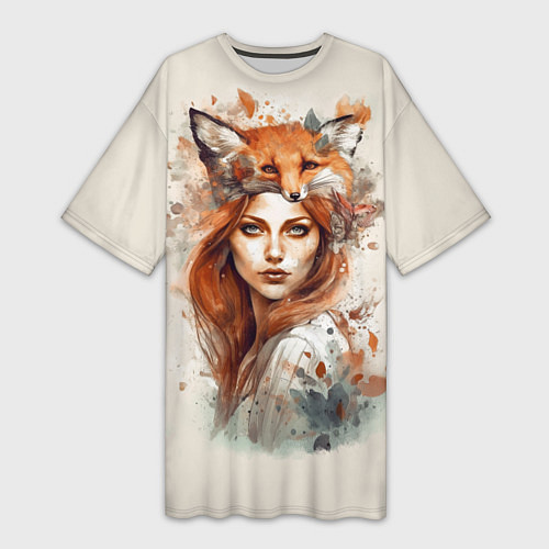 Женская длинная футболка Осенний портрет девушка-лиса / 3D-принт – фото 1