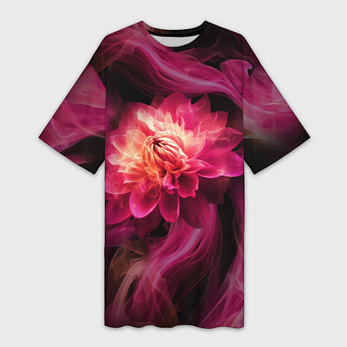 Женская длинная футболка Розовый цветок в огне - нейросеть / 3D-принт – фото 1