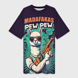 Футболка женская длинная Pew Pew Madafakas - лама с пистолетами, цвет: 3D-принт