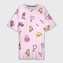 Женская длинная футболка Барби аксессуары - розовый паттерн